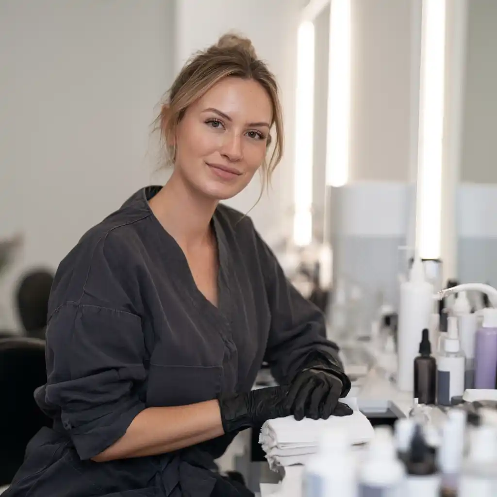 Femme souriante dans un salon de beauté.