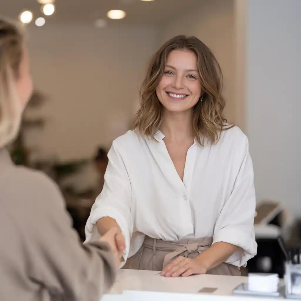 Femme souriante serrant la main.