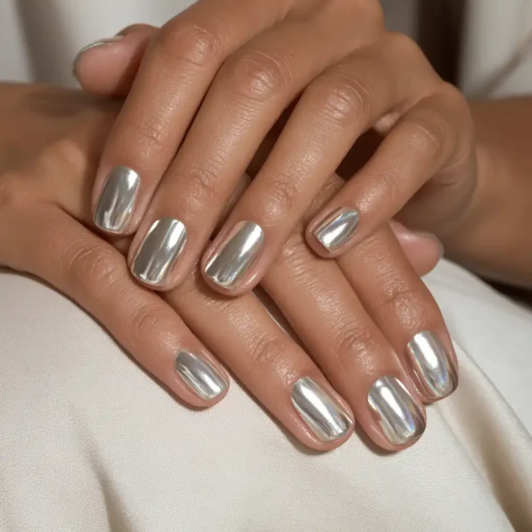 Ongles courts recouverts d’un effet miroir argenté, le rendu visé avec une poudre chrome