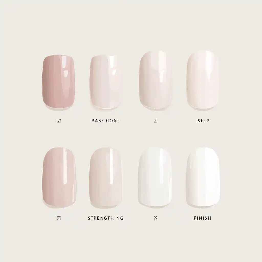 Étapes d’un gainage montrées sur huit ongles, de la base à la finition