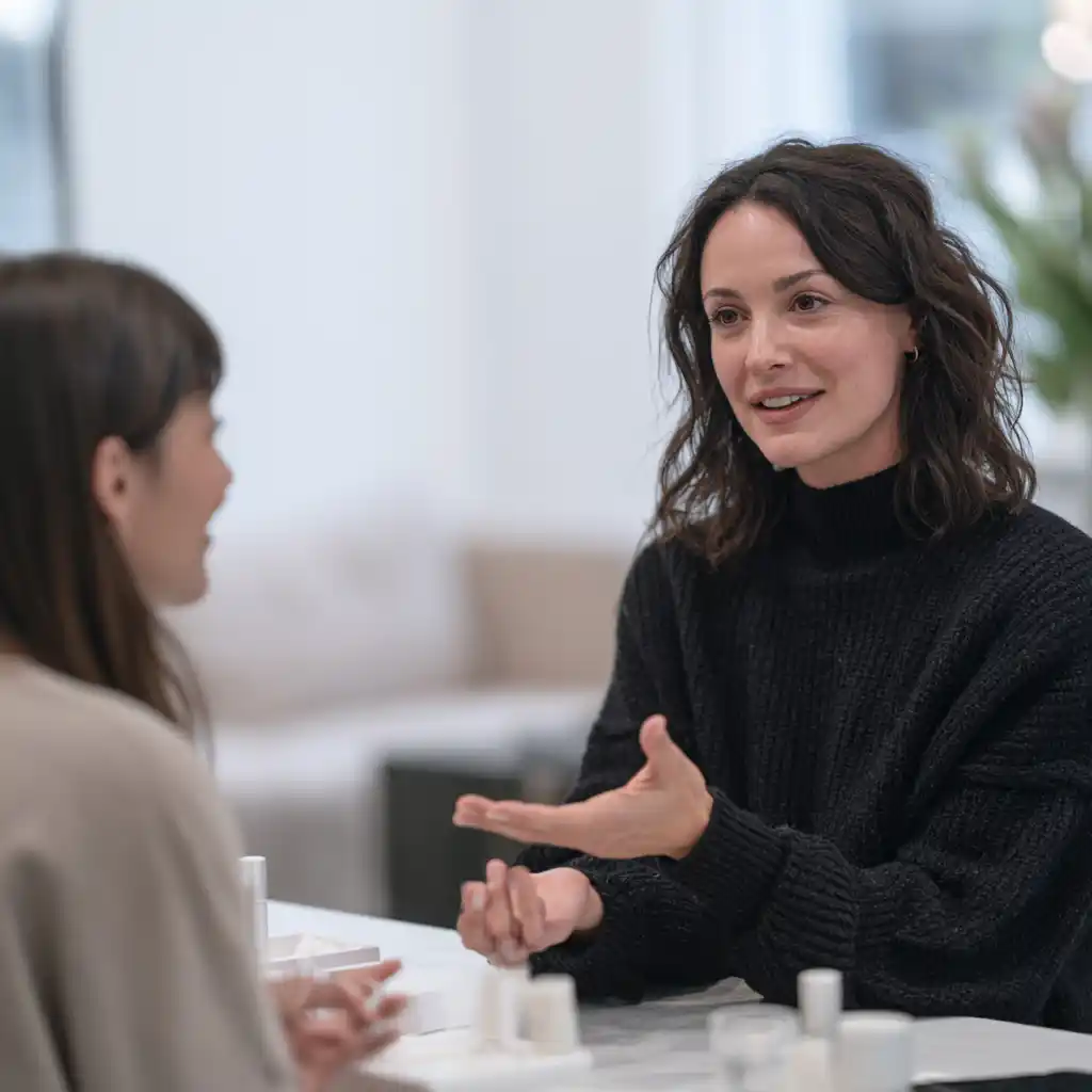 Deux femmes discutent autour d'une table.
