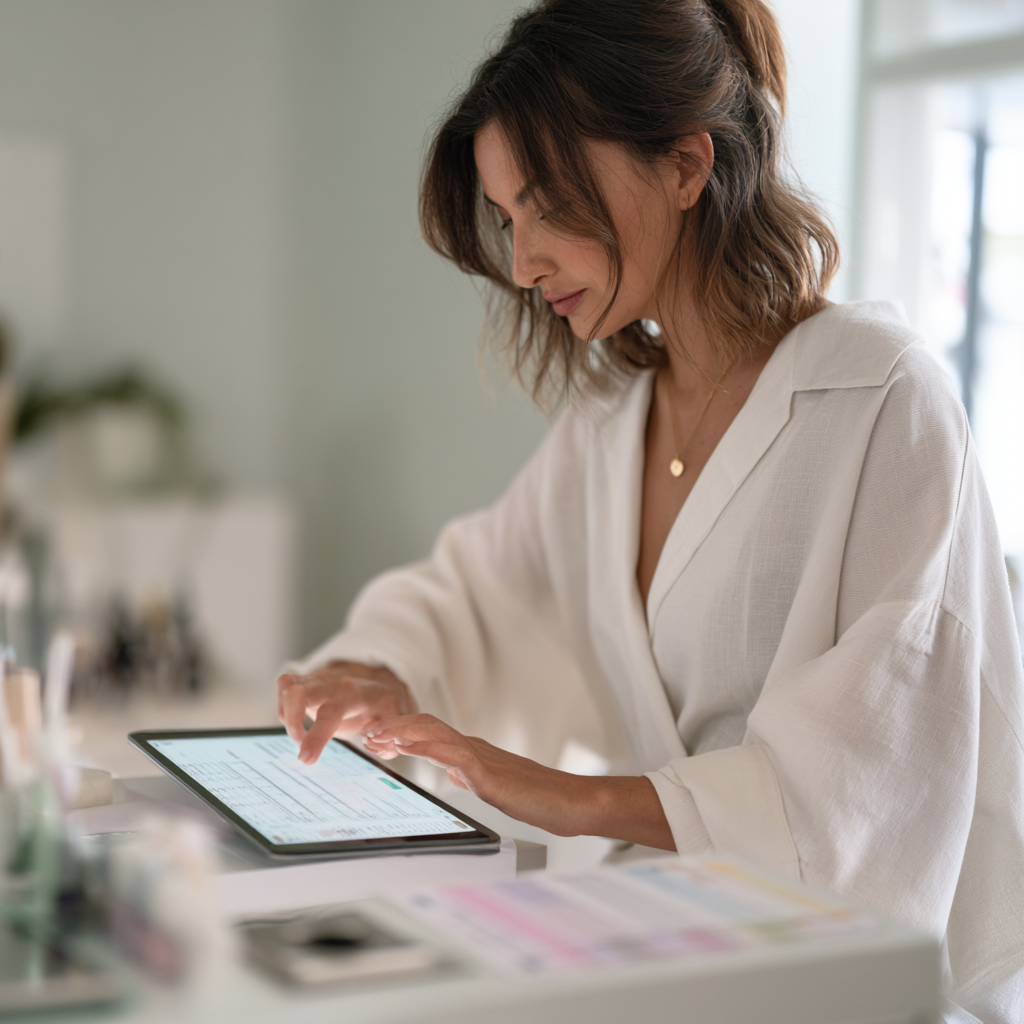 Femme utilisant une tablette en salon.