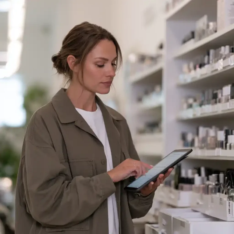 Prothésiste ongulaire consultant une tablette devant des étagères de flacons de vernis : les déchets d’onglerie se gèrent dès le stock.