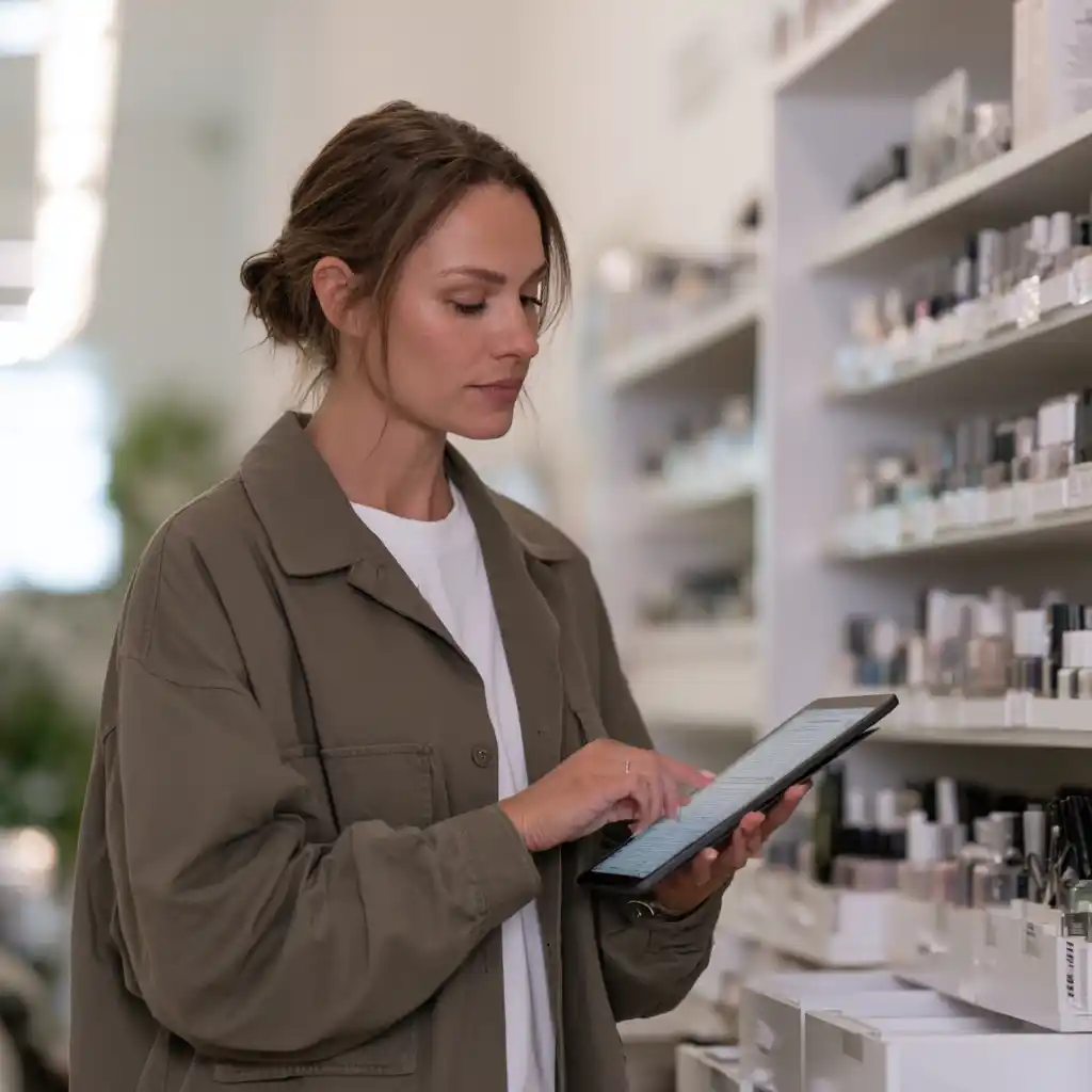 Femme utilisant une tablette en magasin.