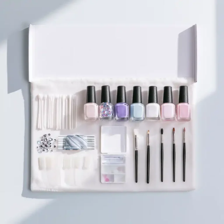 Coffret ouvert de vernis pastel, pinceaux fins, strass et capsules, avec les dotting tools du débutant