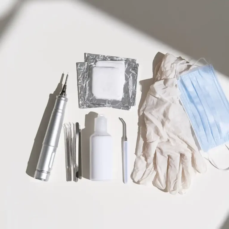 Embout ponceuse ongles : pièce à main et son embout, limes, papillotes, flacon, gants et masque posés à plat.