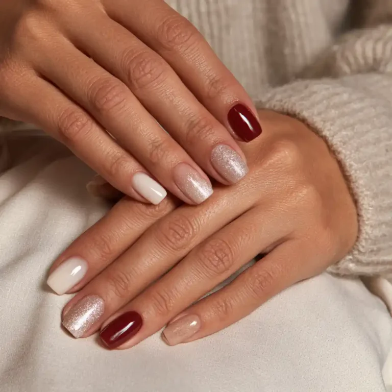 Ongles courts en vernis bordeaux, blanc crème et pailleté argenté, posés sur un plaid crème : une palette de nail art de Noël