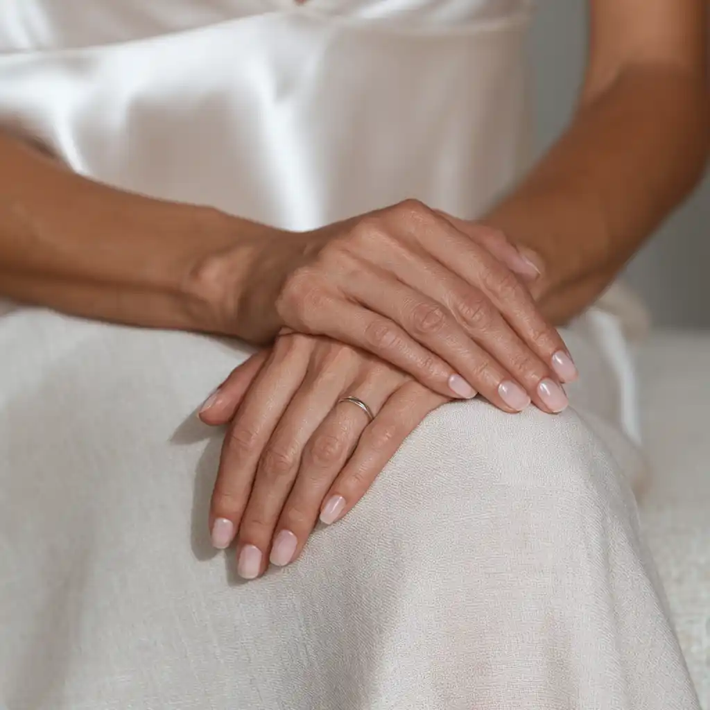 Mains élégantes avec vernis nude.