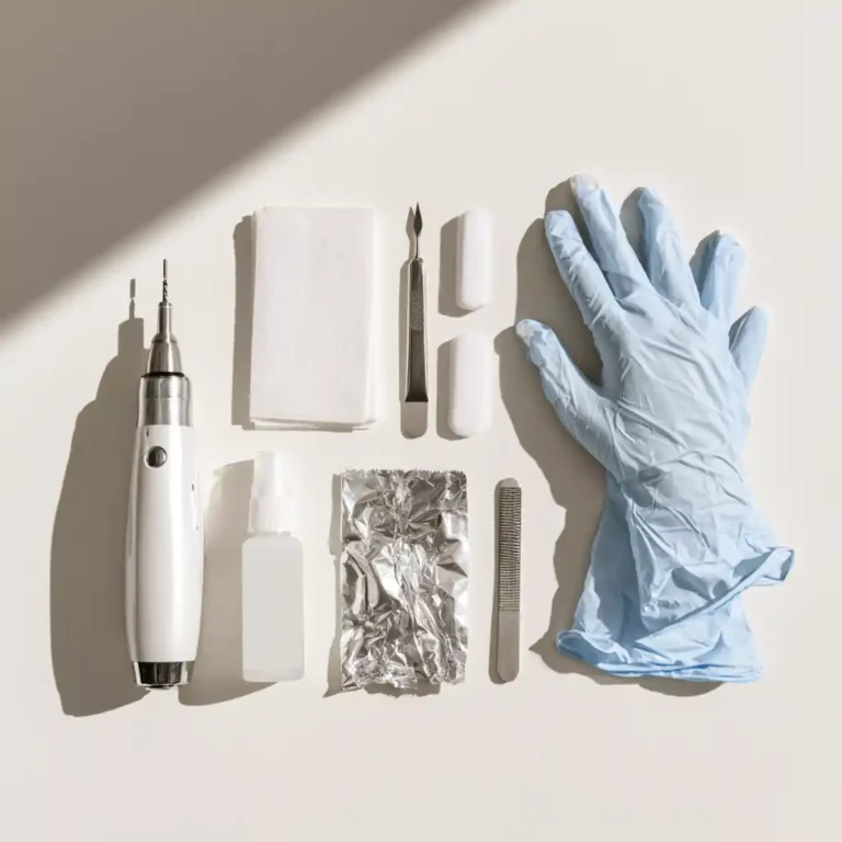 Ponceuse, compresses, spatule, flacon, feuille d’aluminium, lime et gant nitrile disposés à plat : le matériel de la dépose chimique.