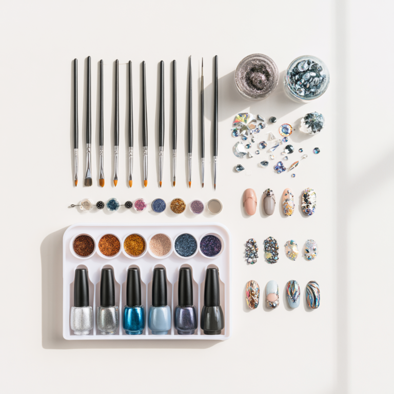 Matériel de nail art à plat, pinceaux fins, pots de paillettes, strass et flacons : de quoi bâtir une offre de Noël