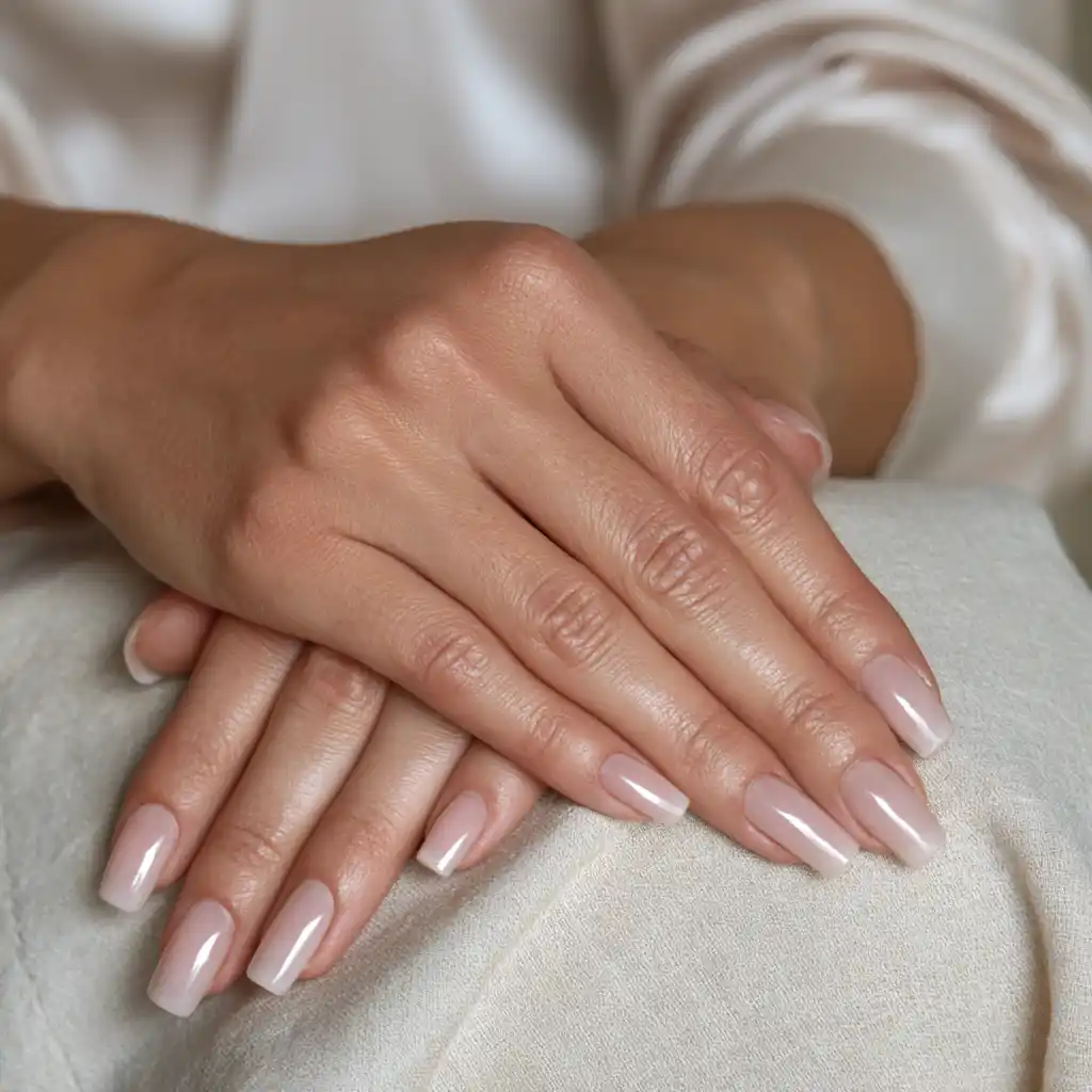 Mains avec vernis à ongles nude