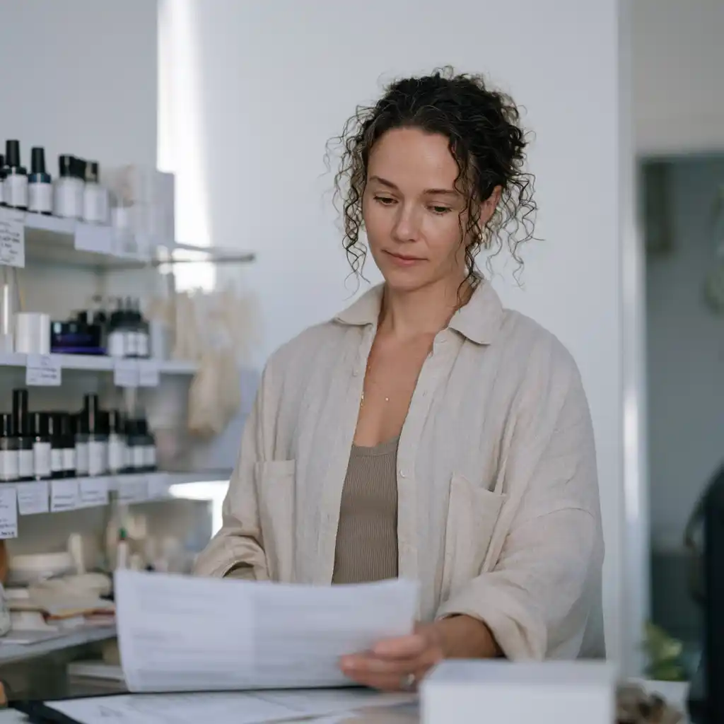 Femme examinant des documents dans un magasin.
