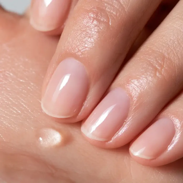 Macro d’ongles naturels courts et rosés, sans ongles jaunis ni décollement, après application d’un soin
