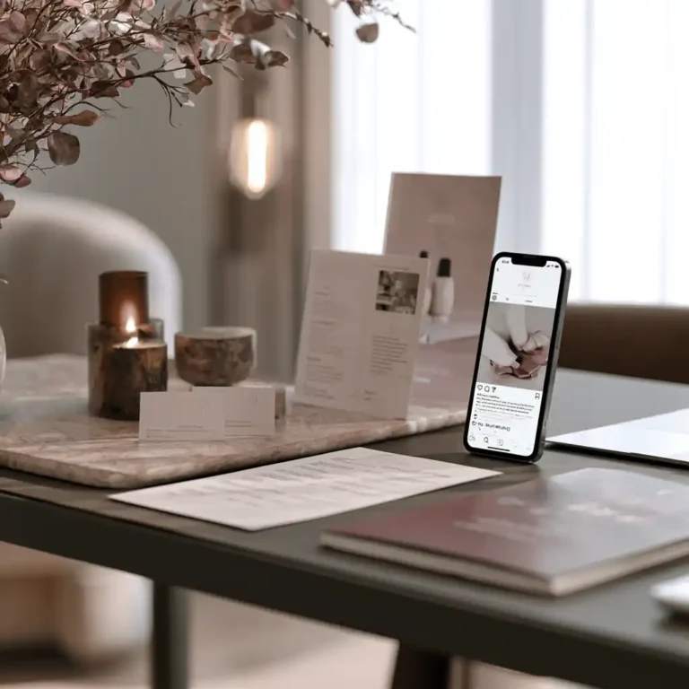 Téléphone affichant une photo d’ongles publiée sur Instagram, posé près de cartes de visite et de flyers : le droit à l’image s’applique à ces supports.