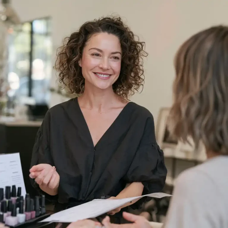 Prothésiste souriante tendant sa carte de prestations à une cliente, présentoir de vernis à côté