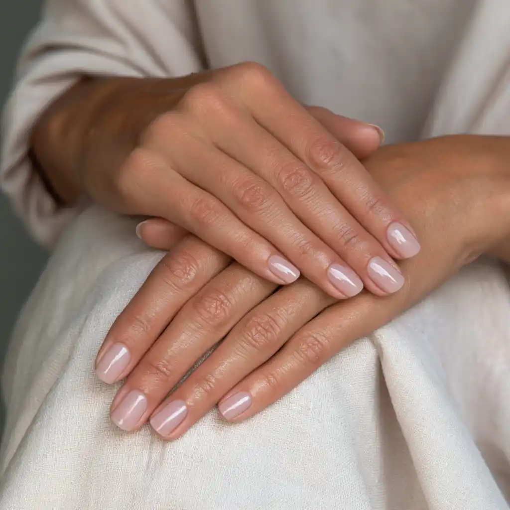 Mains avec vernis nude élégant.