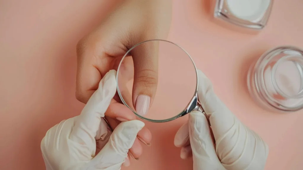Examen des ongles avec une loupe.