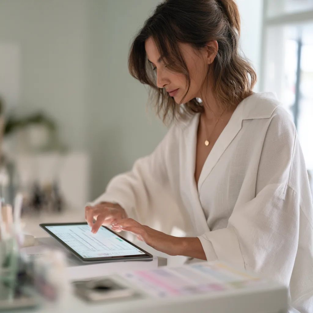 Femme utilisant une tablette en salon.