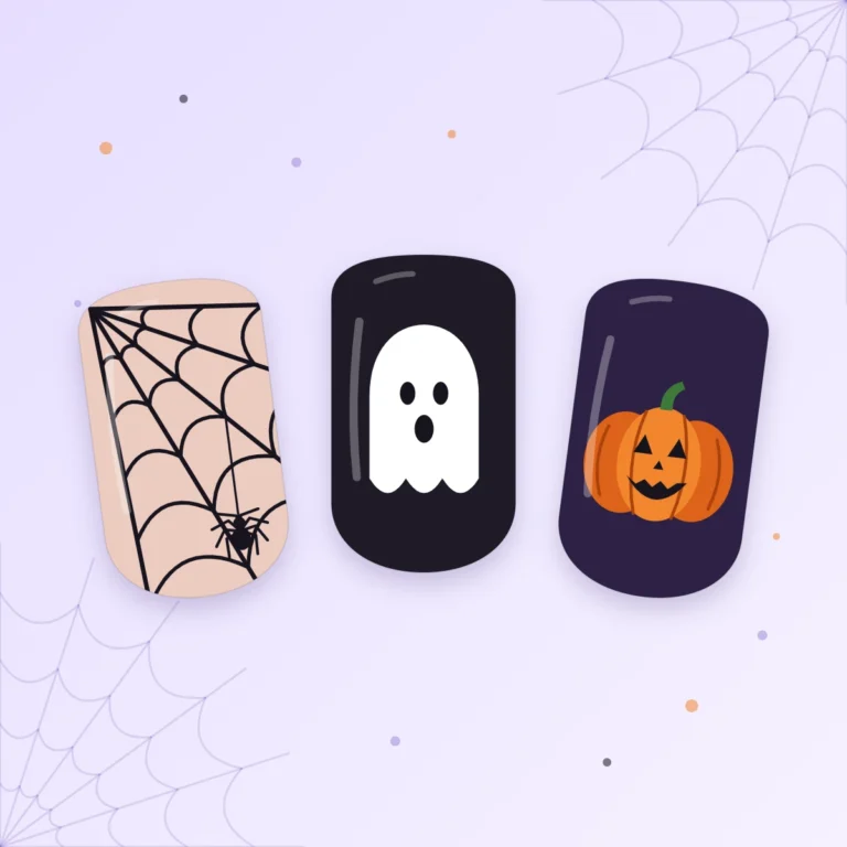 Tuto nail art Halloween : trois capsules décorées d’une toile d’araignée, d’un fantôme et d’une citrouille