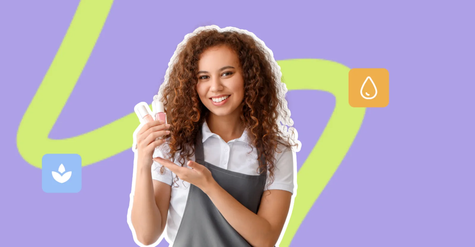 Prothésiste ongulaire souriante tenant des flacons de vernis, formation RS7133 éligible au CPF