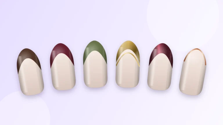 Six capsules de French automne : bord libre chocolat, bordeaux, kaki, double French dorée, French cat eye et micro French cuivrée