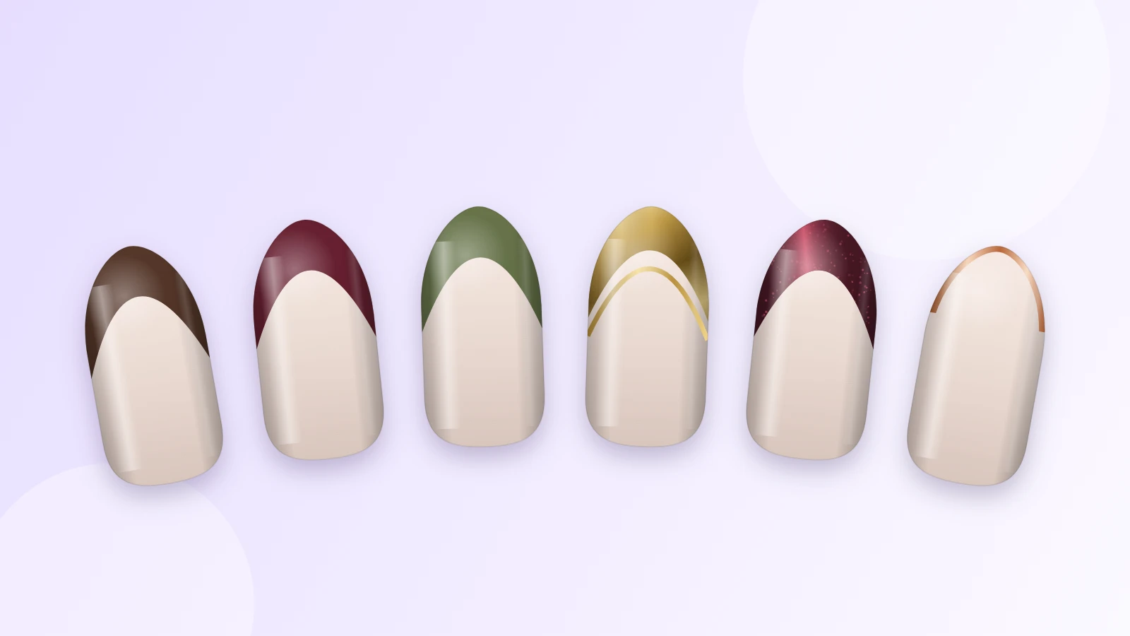 Six capsules de French automne : bord libre chocolat, bordeaux, kaki, double French dorée, French cat eye et micro French cuivrée