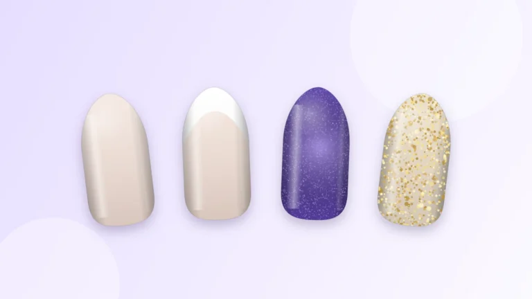Quatre capsules d’ongles aux finitions différentes : nude, french, violet et pailleté, sur fond lilas