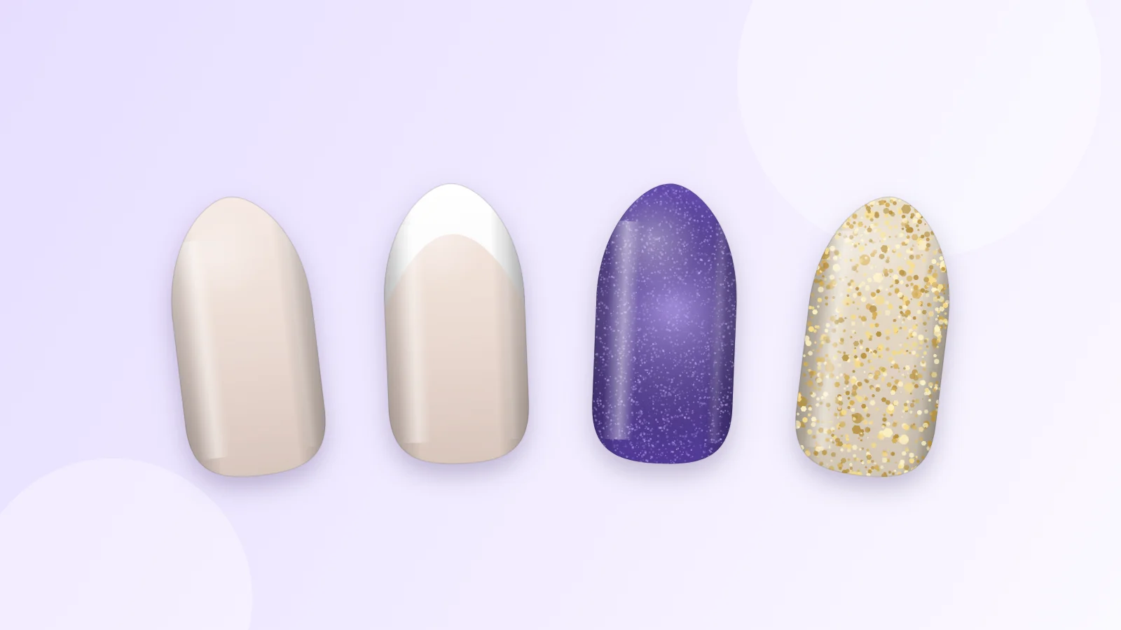 Quatre capsules d’ongles aux finitions différentes posées sur fond lilas : nude, french, violet nacré et doré pailleté