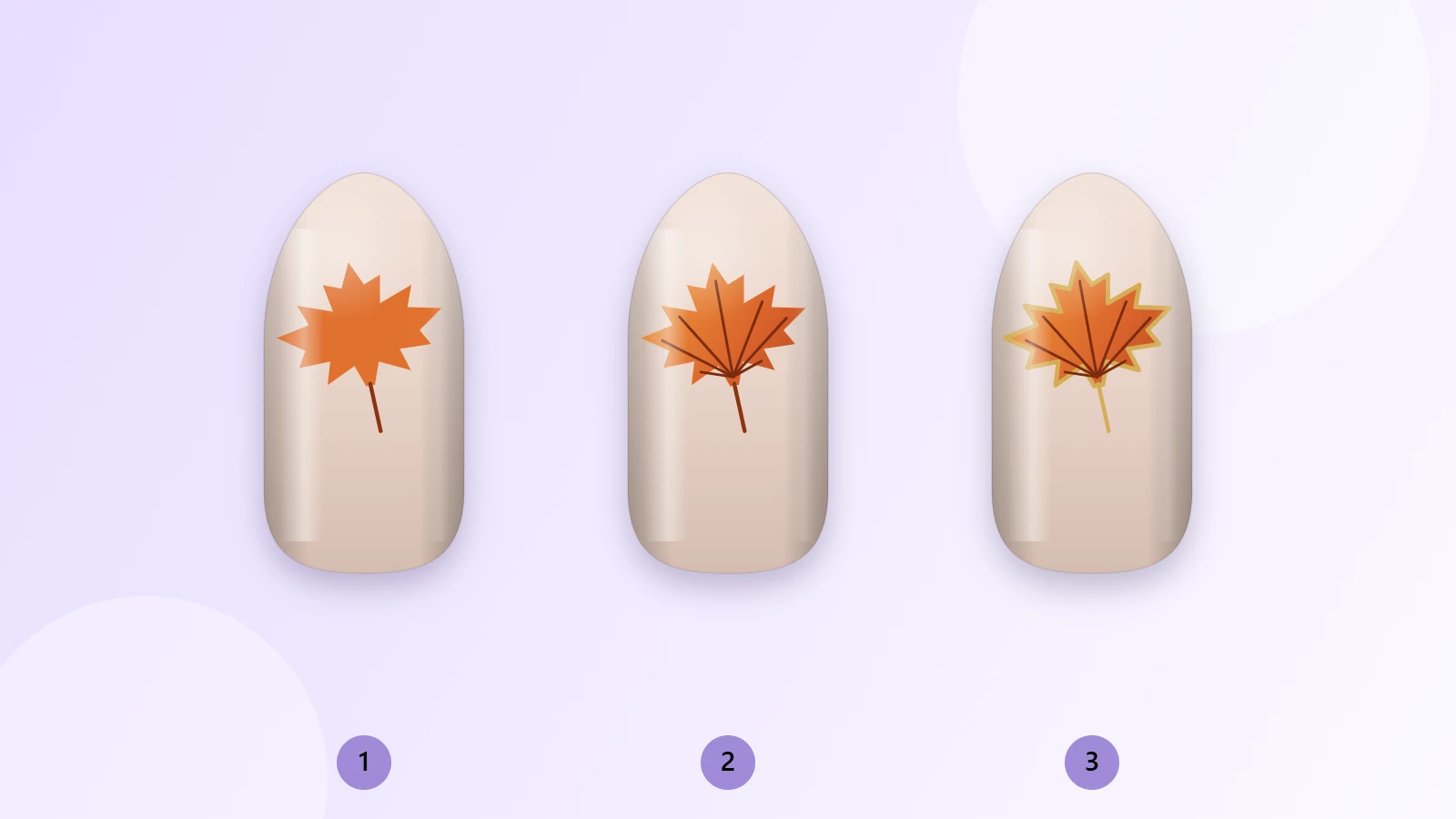Feuille d’automne sur ongle nude en trois étapes : silhouette orange, nervures, puis contour doré