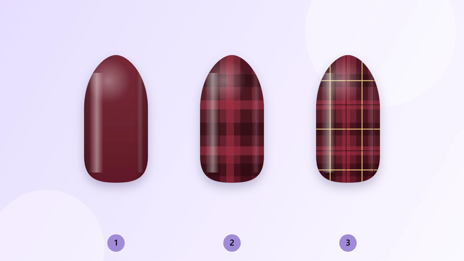 Motif tartan sur ongle en trois étapes : base bordeaux, bandes larges, puis fines lignes croisées