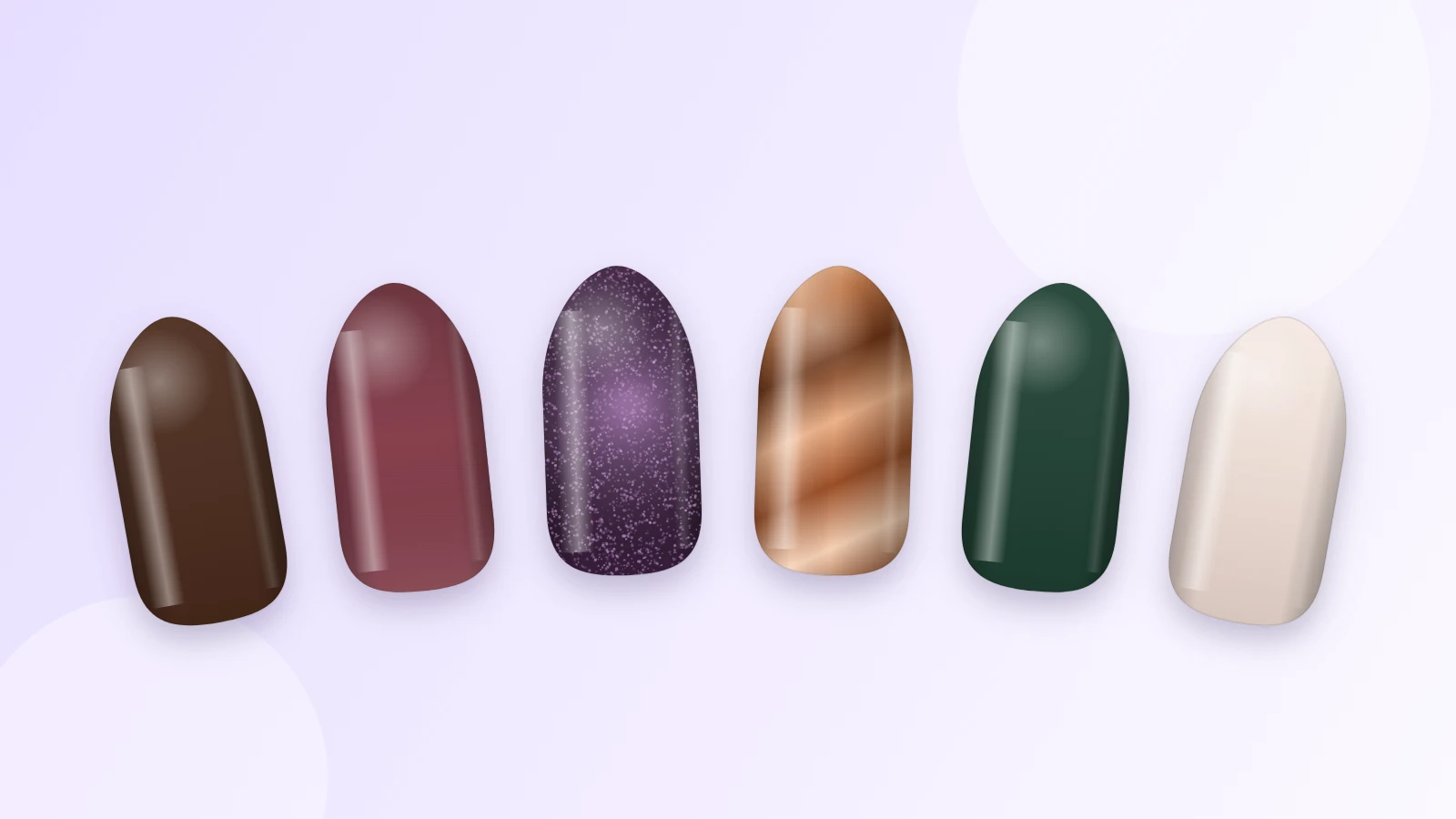 Six capsules aux tendances ongles automne 2026 : chocolat brillant, bordeaux, effet velours, chrome cuivré, vert sapin et nude laiteux