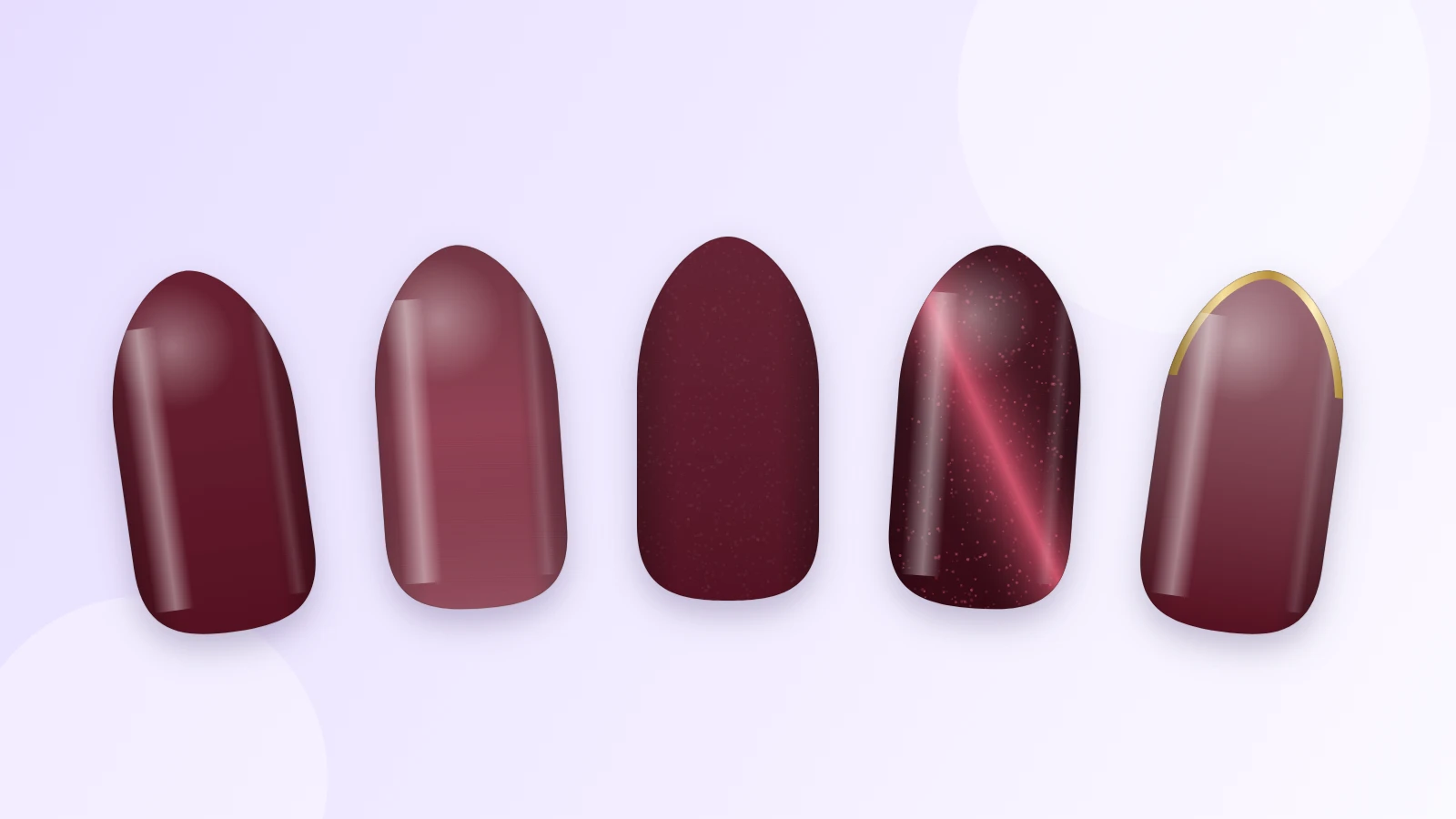 Cinq capsules d’ongles bordeaux : brillant, jelly translucide, mat, cat eye et liseré doré