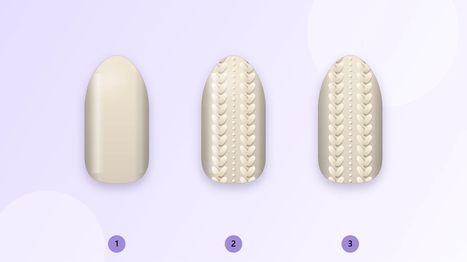 Effet maille sur ongle en trois étapes : base crème, torsades en relief, puis top coat mat