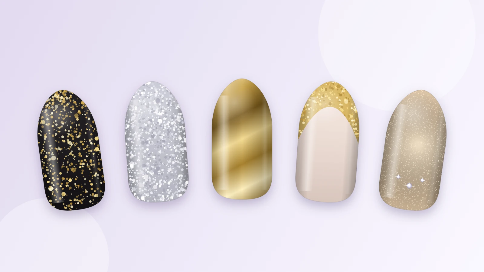 Ongles nouvel an : cinq capsules en noir laqué à paillettes dorées, paillettes argentées, chrome doré, French pailletée et champagne à strass